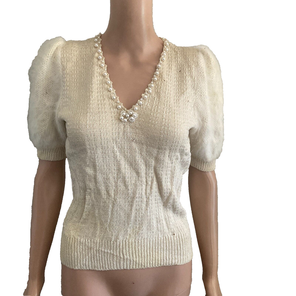 Vintage Richtone New York Sweater Womens 8 Beige Beaded Puff Angora Sleeve